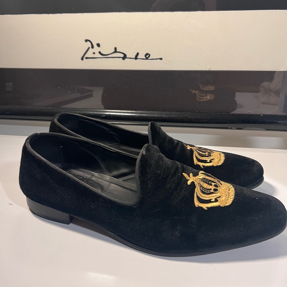 Luca Di Napoli Made in Italy Black Velvet Loafers with Gold Embroidery